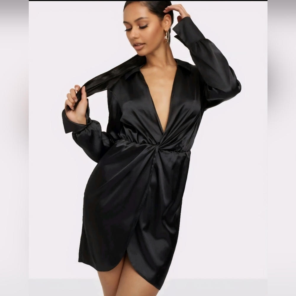 Fashion Nova Black Satin Twist-Front Long Sleeve Dress - Picture 1 of 7